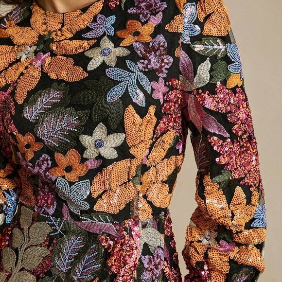 Black Elegant Women's Sequin Embroidered Print Long Sleeve Short Dress - Picture 6 of 7